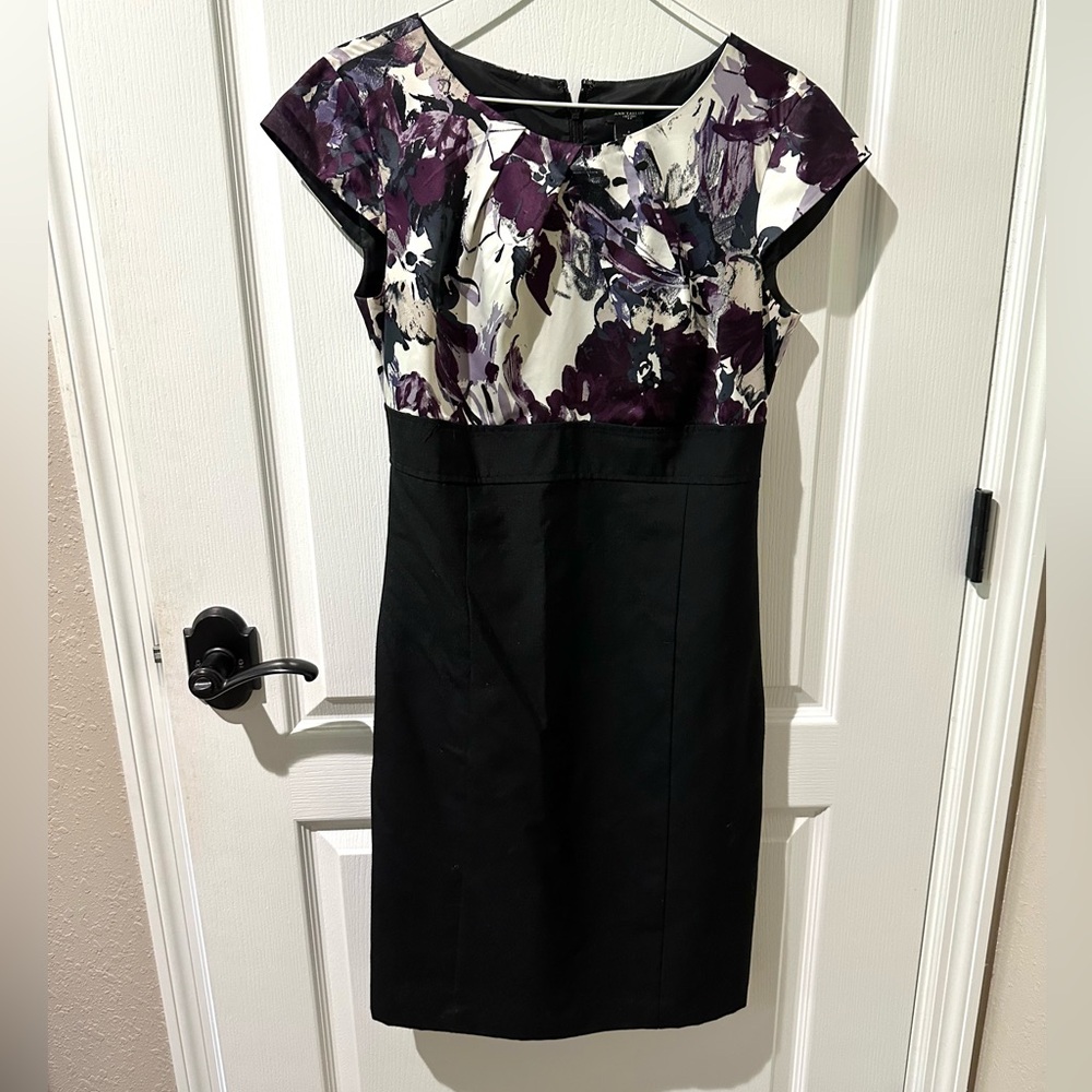 Ann Taylor Black and Purple Fluted Cap Sleeve Sheath Dress Sz 4